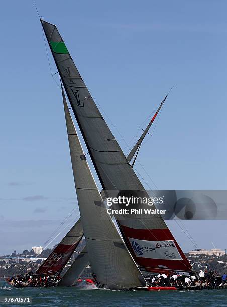 Emirates Team New Zealand tacks in front of All4One from France and Germany during the Louis Vuitton Trophy at Waitemata Harbour on March 13, 2010 in...