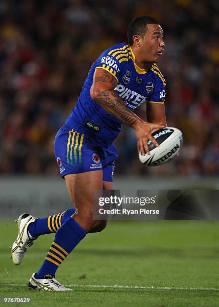 Feleti Mateo of the Eels in action during the round one NRL match between the Parramatta Eels and the St George Illawarra Dragons at Parramatta...