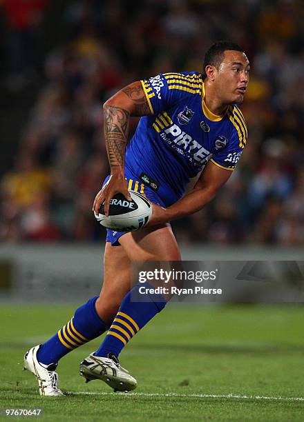 Feleti Mateo of the Eels in action during the round one NRL match between the Parramatta Eels and the St George Illawarra Dragons at Parramatta...