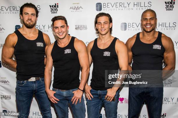 Cast members of the "Thunder From Down Under" show attend the grand opening of the Beverly Hills Rejuvenation Center benefiting The Shade Tree...