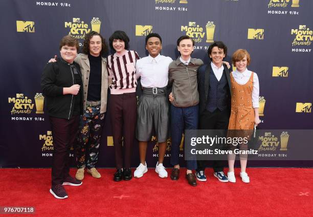 Actors Jeremy Ray Taylor, Wyatt Oleff, Finn Wolfhard, Chosen Jacobs, Jaeden Lieberher, Jack Dylan Grazer, and Sophia Lillis attend the 2018 MTV Movie...