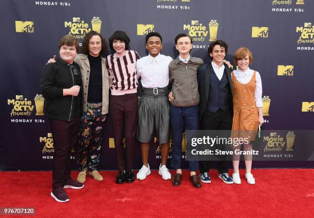 Actors Jeremy Ray Taylor, Wyatt Oleff, Finn Wolfhard, Chosen Jacobs, Jaeden Lieberher, Jack Dylan Grazer, and Sophia Lillis attend the 2018 MTV Movie...