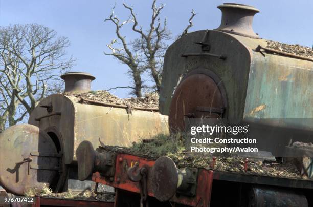 Pair of Andrew Barclay 0-4-0STs at Thomas Muir's scrapyard at Easter Balbeggie, Thornton, Fife. Right, NCB No.6, Fife area works number 2261, 1947;...