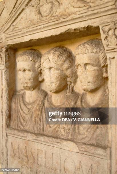 Tombstone of Marco Asellio Clemente, his wife Statia Statulla and their freedman Marco Asellio Latino, Milan, Lombardy, Italy, Roman civilization,...