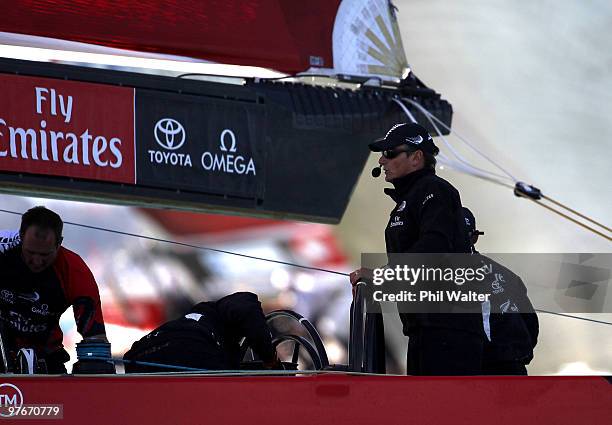 Emirates Team New Zealand skipper Dean Barker sails against All4One from France and Germany during the Louis Vuitton Trophy at Waitemata Harbour on...