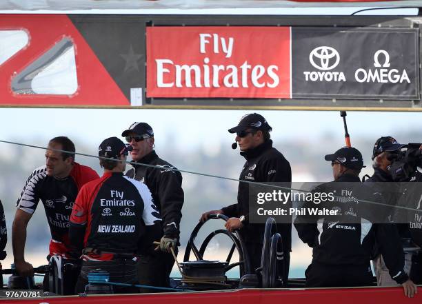 Emirates Team New Zealand skipper Dean Barker sails against All4One from France and Germany during the Louis Vuitton Trophy at Waitemata Harbour on...