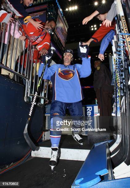 Chris Chelios of the Atlanta Thrashers heads off the ice before the game against the New York Rangers at Philips Arena on March 12, 2010 in Atlanta,...