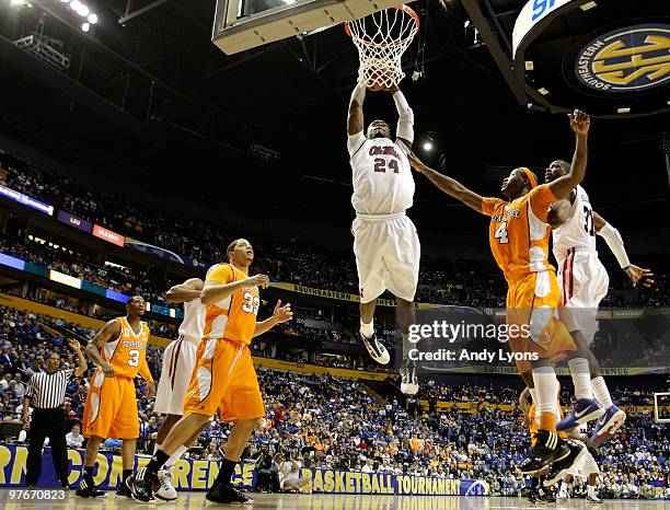 Terrico White of the Mississippi Rebels attempts a dunk against the Tennessee Volunteers during the quarterfinals of the SEC Men's Basketball...
