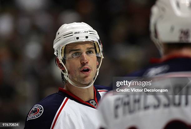 Antoine Vermette of the Columbus Blue Jackets speaks to a teammate prior to a faceoff against the Anaheim Ducks during their NHL game at the Honda...