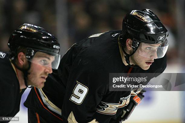 Bobby Ryan of the Anaheim Ducks lines up in position during a face-off against the Columbus Blue Jackets in their NHL game at the Honda Center on...