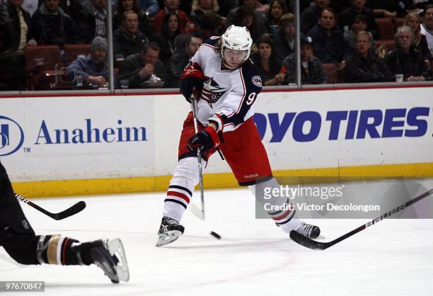 Jakub Voracek of the Columbus Blue Jackets shoots the puck toward the net during their NHL game against the Anaheim Ducks at the Honda Center on...