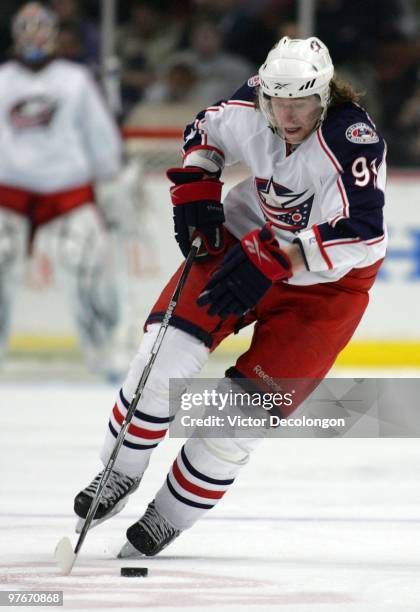 Jakub Voracek of the Columbus Blue Jackets moves the puck through the neutral zone during their NHL game against the Anaheim Ducks at the Honda...