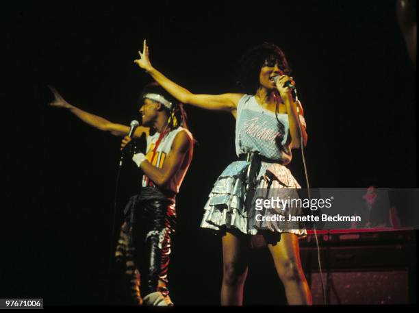 Jeffrey Daniel and Jody Watley of the disco group "Shalamar" pperform onstage in 1982 in London, England.