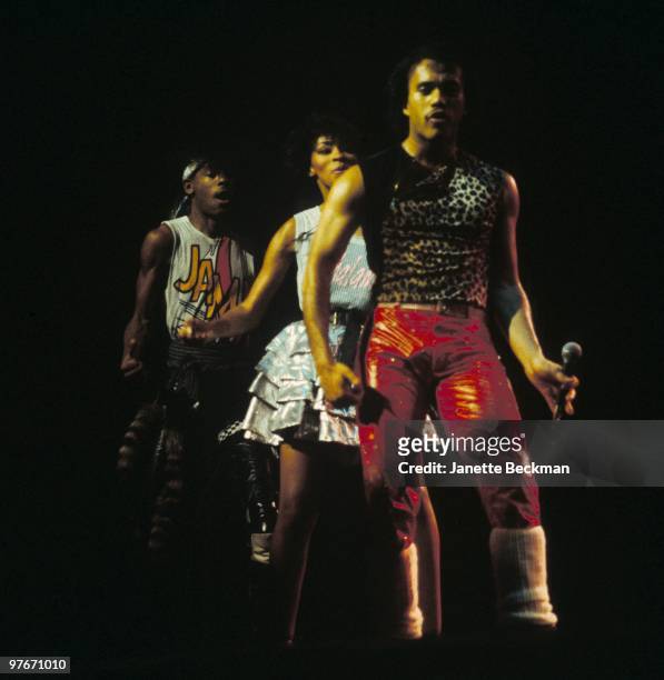 Jeffrey Daniel, Jody Watley and Howard Hewett of the disco group "Shalamar" pperform onstage in 1982 in London, England.