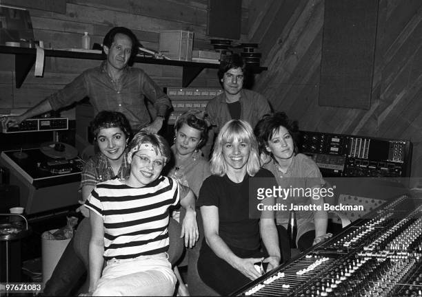 Belinda Carlisle, Kathy Valentine, Jane Wiedlin and Gina Schock of the rock and roll group "The Go-Go's" pose for a portrait in the studio with...