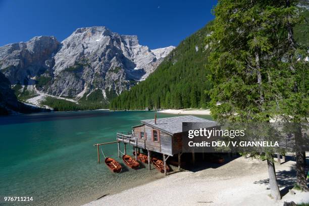 View of the Braies Lake with the Croda del Becco-Seekofel in the background, Fanes-Sennes-Braies Natural Park, Dolomites , Trentino-Alto Adige, Italy.