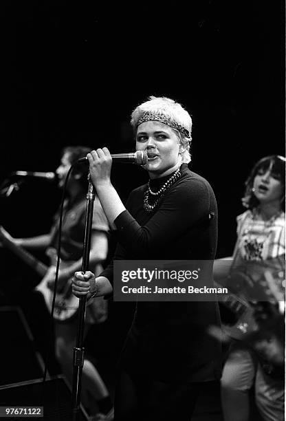 Singer Belinda Carlisle of the rock and roll group "The Go-Go's" performs onstage in 1980 in London, England.