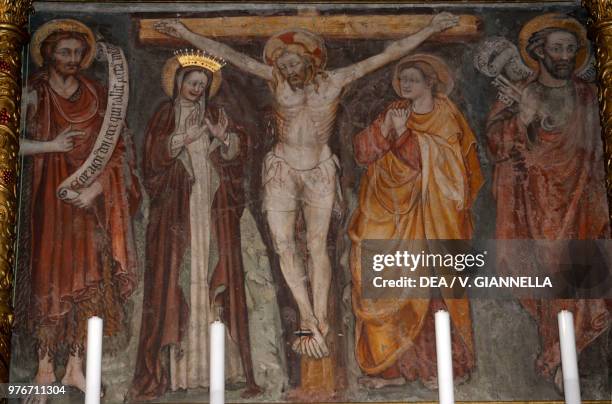 Crucifixion, fresco attributed to Giacomo Busca, sanctuary of the Virgin of the Graces, Ardesio, Lombardy, Italy, 15th century.