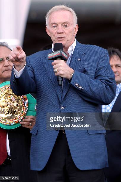 Owner Jerry Jones of the Dallas Cowboys talks with the crowd in front of Cowboys Stadium before the weigh-in for the WBO welterweight title fight...