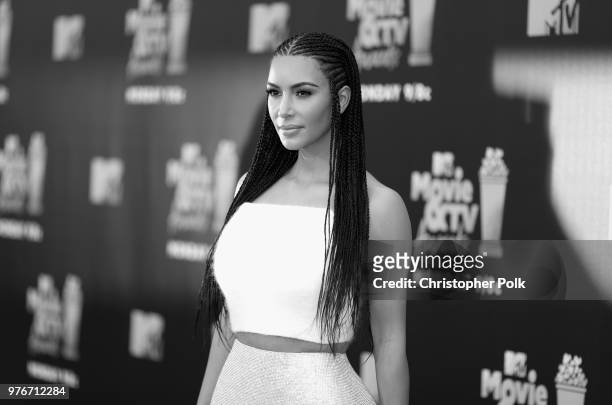 Personality Kim Kardashian attends the 2018 MTV Movie And TV Awards at Barker Hangar on June 16, 2018 in Santa Monica, California.