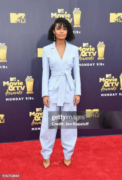 Actor Yara Shahidi attends the 2018 MTV Movie And TV Awards at Barker Hangar on June 16, 2018 in Santa Monica, California.