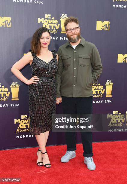 Actor Seth Rogen and Lauren Miller attend the 2018 MTV Movie And TV Awards at Barker Hangar on June 16, 2018 in Santa Monica, California.
