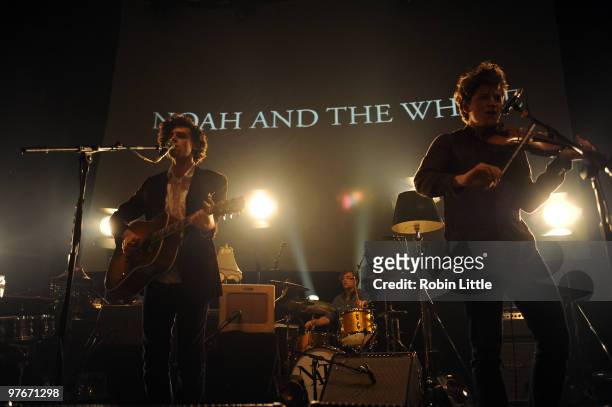 Charlie Fink, Jack Hamson and Tom Hobden of Noah and the Whale perform at The Roundhouse on March 12, 2010 in London, England.