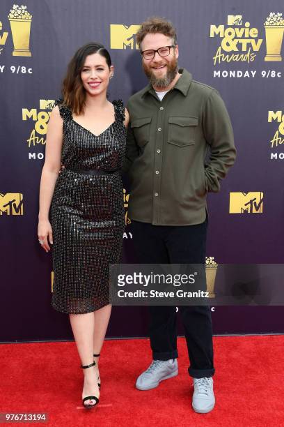 Actor Seth Rogen and Lauren Miller attend the 2018 MTV Movie And TV Awards at Barker Hangar on June 16, 2018 in Santa Monica, California.