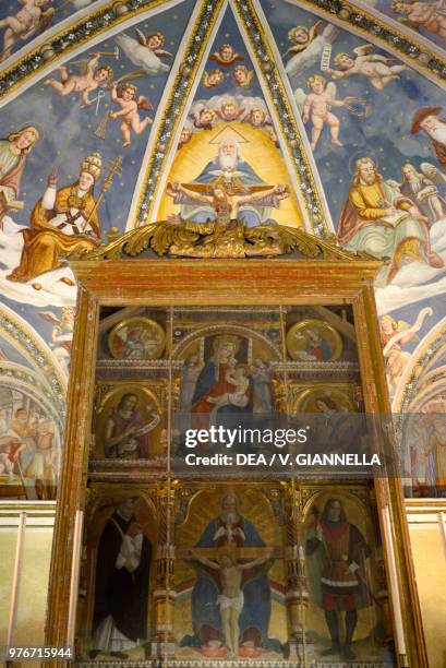 The polyptych of Giovanni and Antonio Marinoni dedicated to the Madonna del Latte and the Holy Trinity, in the background the frescoes in the vault...