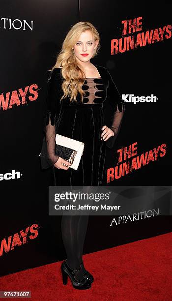 Actress Riley Keough arrives at the "The Runaways" Premiere at ArcLight Cinemas Cinerama Dome on March 11, 2010 in Hollywood, California.