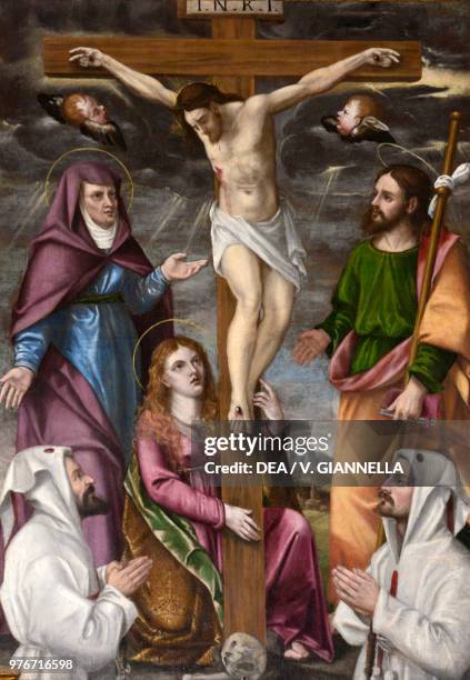 Crucifixion with Maria and Saint John painting by an unknown artist, church of Saint James and Saint Vincent, Gromo San Marino, Lombardy, Italy, 16th...