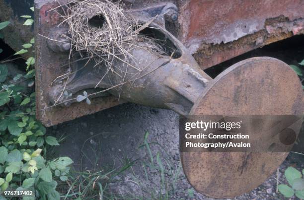 Birds nest on the tender buffer of the 1879 Hartmann 0-8-0 abandoned at Olloniego Colliery Spain Thursday 21st May 1987. Four wheeled tender from...