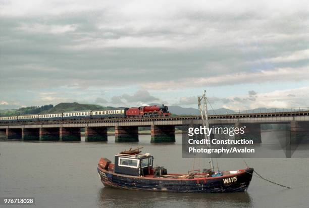 Cumbrian Coast Express. Eskmeals Viaduct as ex LMS 4-6-0 No 5690 Leander crosses the river Esk. , United Kingdom.