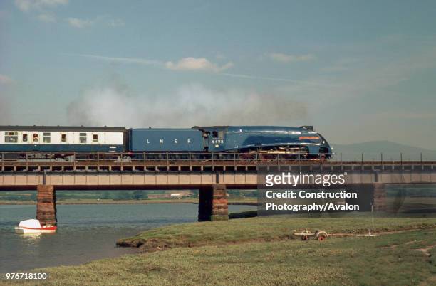 Cumbrian Coast Express. No 4498 Sir Nigel Gresley heads south over the river Esk from Sellafield to Carnforth. , United Kingdom.