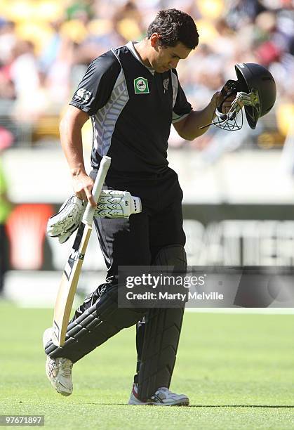 Ross Taylor of the Blackcaps walks from the field after being caught out during the 5th ODI at Westpac Stadium on March 13, 2010 in Wellington, New...