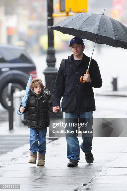 Actor Matthew Broderick walks his son James Wilke Broderick to school in the West Village on March 12, 2010 in New York City.