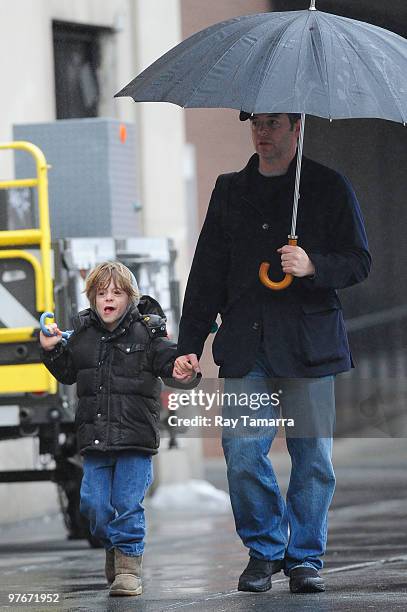 Actor Matthew Broderick walks his son James Wilke Broderick to school in the West Village on March 12, 2010 in New York City.