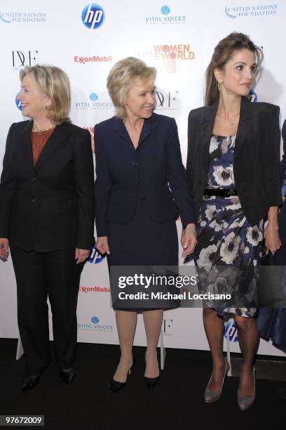 Secretary of State Hillary Rodham Clinton, event co-host and founder and editor-in-chief of The Daily Beast Tina Brown, and Queen Rania of Jordan...