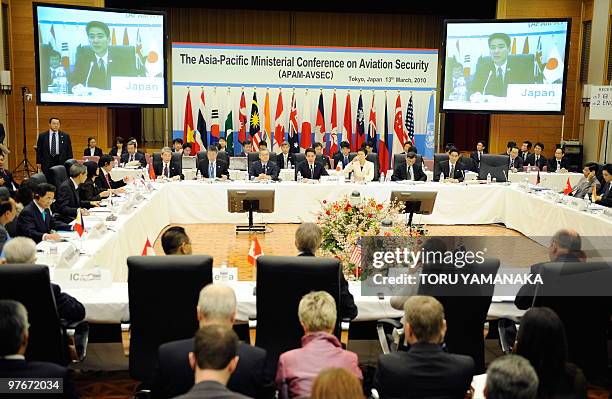 Japan's Land, Infrastructure, Transport and Tourism Minister Seiji Maehara delivers a speech to open the Asia-Pacific Ministerial Conference on...