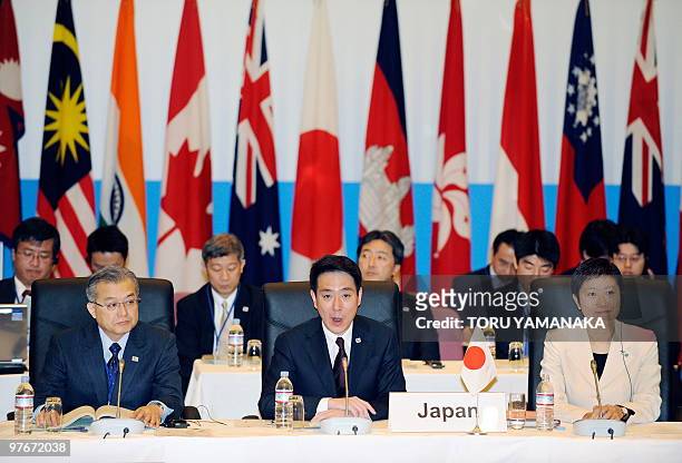Japan's Land, Infrastructure, Transport and Tourism Minister Seiji Maehara delivers a speech to open the Asia-Pacific Ministerial Conference on...