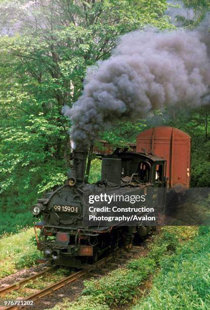 Germany's Wolkenstein-Johstadt line with Meyer 0-4-4-0T No 991590.1 approaches Grobruckerswalde on Monday 13th June 1977. The standard gauge wagon...