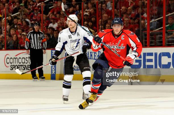 Alex Ovechkin of the Washington Capitals skates down the ice against Steven Stamkos of the Tampa Bay Lightning on March 12, 2010 at the Verizon...