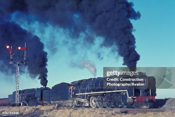 Giants in tandem - a brace of South African 23 Class 4-8-2 ease out of Vetrivier with a freight for Bloemfontein. Saturday 9th June 1973.