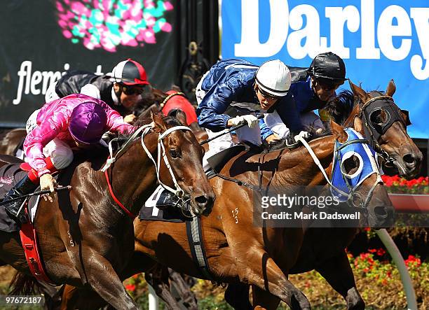 Jockey Nicholas Hall riding Elmore wins Race 4 the Roy Higgins Quality during the Super Family Day meeting at Flemington Racecourse on March 13, 2010...