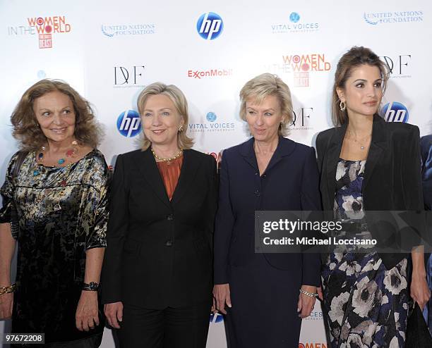Event co-host and designer Diane von Furstenberg, U.S. Secretary of State Hillary Rodham Clinton, event co-host and founder and editor-in-chief of...