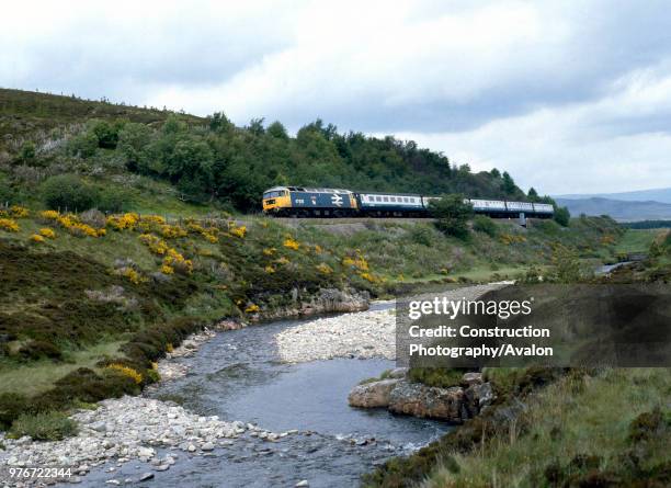 Highland Line. No 47.635 heads south away from Dalwhinnie with the 10:55 ex Inverness for Glasgow. . , United Kingdom.