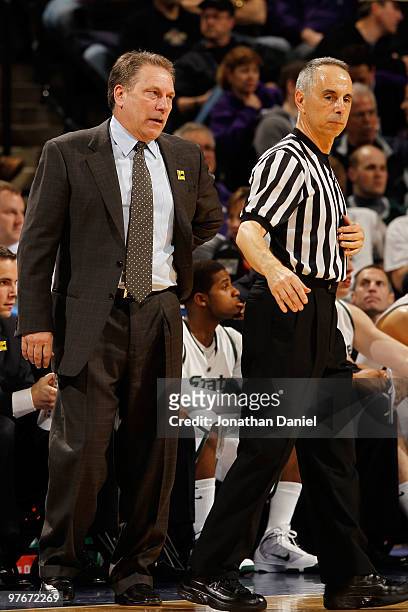Head coach Tom Izzo of the Michigan State Spartans watches game action against the Minnesota Golden Gophers during the quarterfinals of the Big Ten...