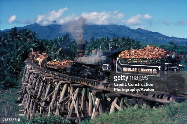 Insular Lumber Company's Baldwin Built 4 Cylinder Compound 0-6-6-0 Mallet No 7 draws logs bound for the coastal sawmill over the wooden trestle...