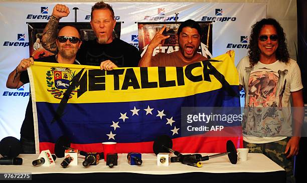 Rock band Metallica members pose for a picutre during a press conference in Caracas on March 12 Venezuela. Fans packed into the Rinconada to see...