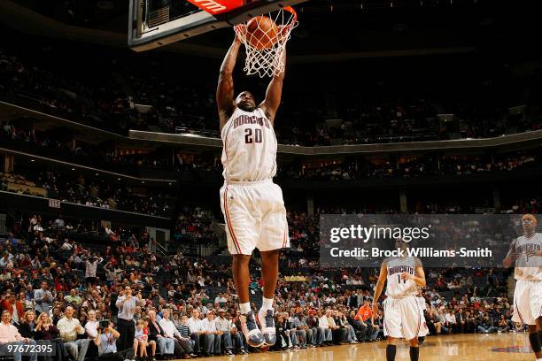 Raymond Felton of the Charlotte Bobcats dunks against the Los Angeles Clippers on March 12, 2010 at the Time Warner Cable Arena in Charlotte, North...